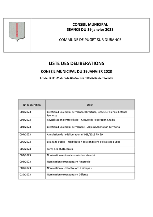 LISTE DES DELIBERATIONS SEANCE du 19 janvier 2023
